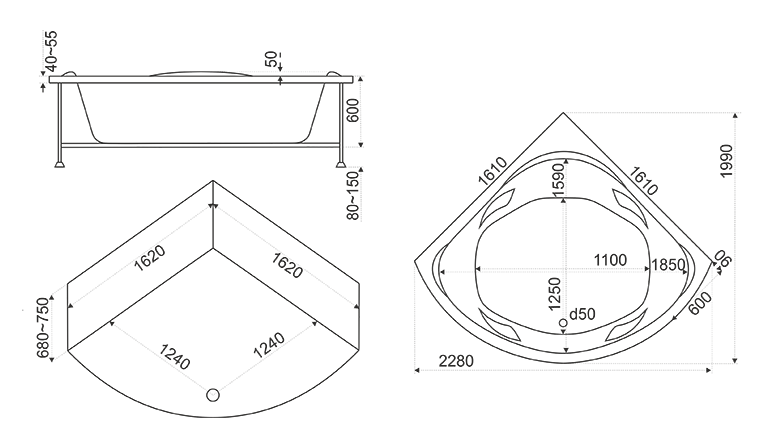 Купить ванна акриловая ривьера 1610*1610 с экраном, bas. в Иваново магазин сантехники Суперстрой