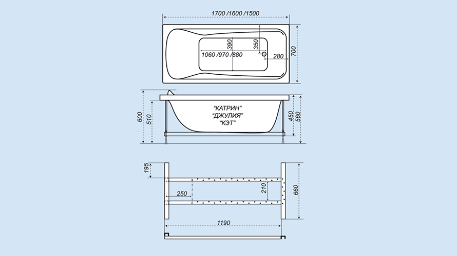 Купить ванна акриловая катрин 1700 * 700,экран,слив-перелив,тритон. в Иваново магазин сантехники Суперстрой