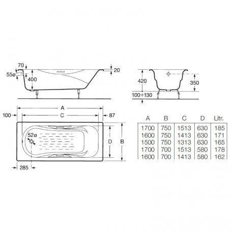 Купить ванна чугунная 170 х75 maliby (7230960000) с антискольжением, roca. в Иваново магазин сантехники Суперстрой