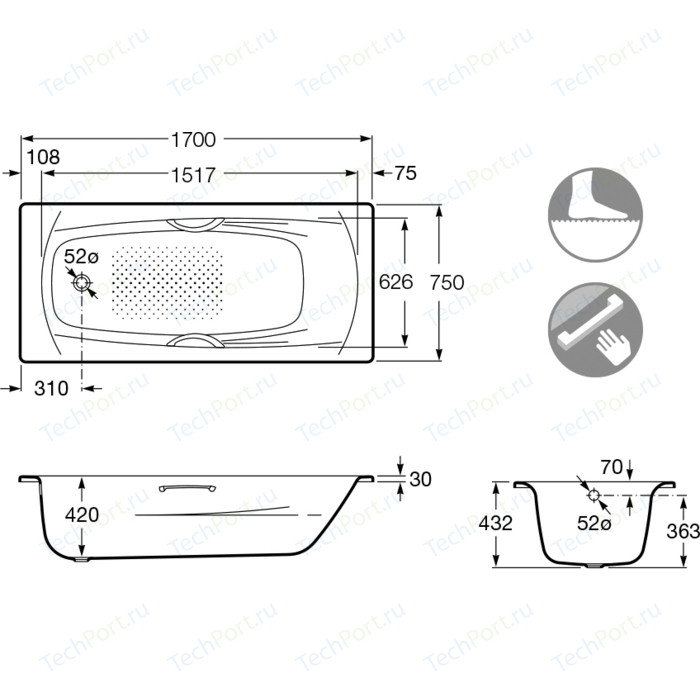 Купить ванна стальная roca swing 170*75 с ручками, ножкам в Иваново магазин сантехники Суперстрой