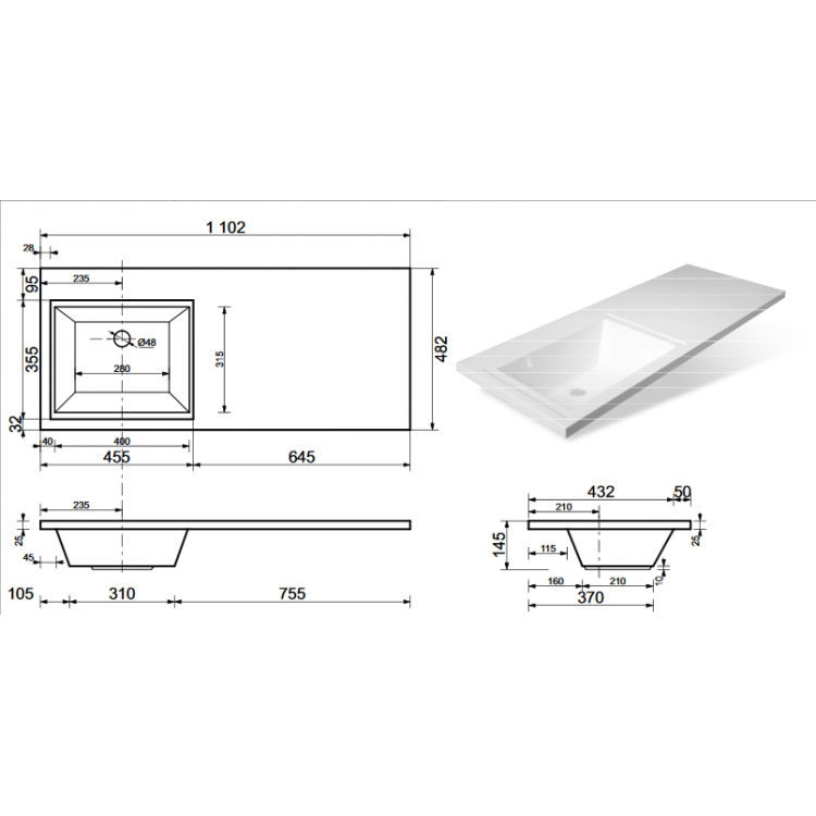 Купить раковина даллас 1102*482,левая,эстет в Иваново магазин сантехники Суперстрой