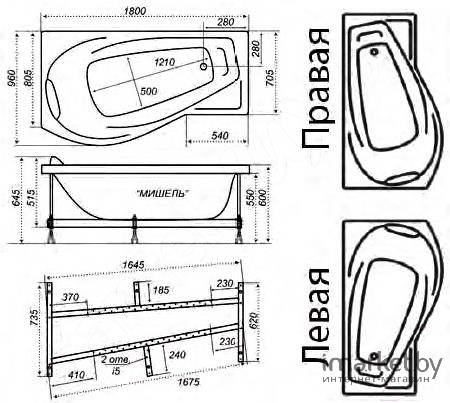 Купить ванна акриловая мишель 1800 * 960 правая, тритон. в Иваново магазин сантехники Суперстрой