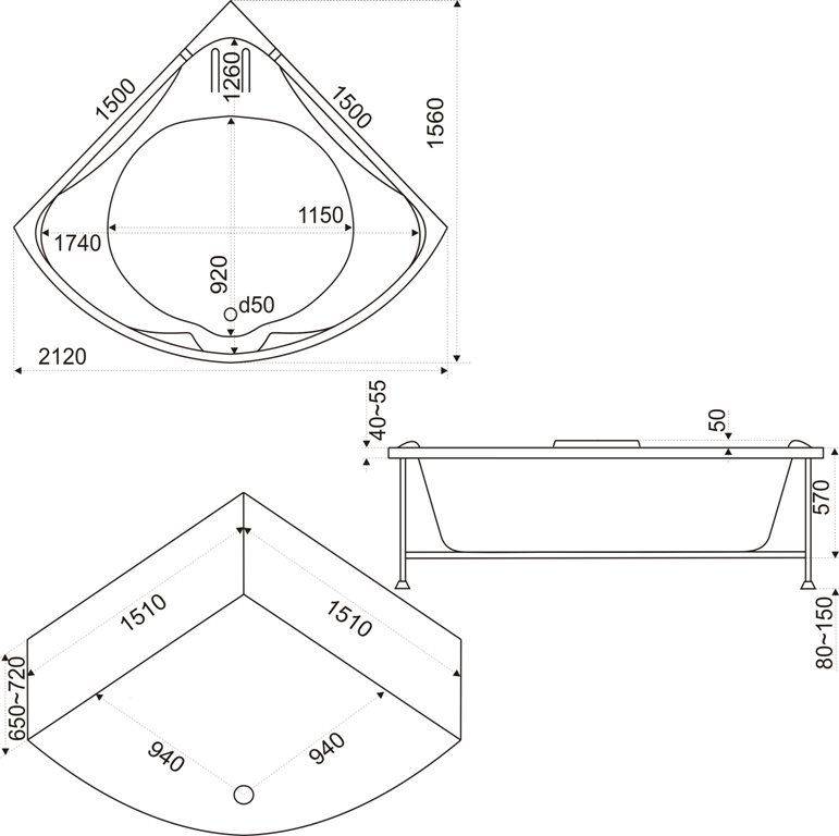 Купить ванна акриловая ирис 1500*1500 с экраном и гидромассажем, bas. в Иваново магазин сантехники Суперстрой
